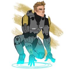 a drawing of a man in a futuristic suit kneeling down with his hands on the ground