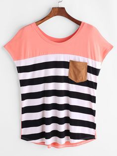 Striped Pocket Front Cap Sleeve TeeFor Women-romwe Inappropriate Clothing, Cap Sleeve Tee, Trendy Fashion Tops, Upcycled Fashion, Fashion Design Clothes, Casual Tee, First Order, Fashion Tops, Cap Sleeve