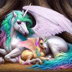 two unicorns are sitting next to each other in front of a tree with wings