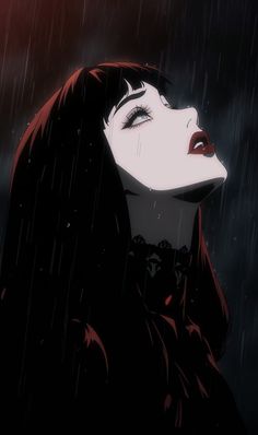 a woman with long red hair and eyes closed standing in the rain, looking up at something