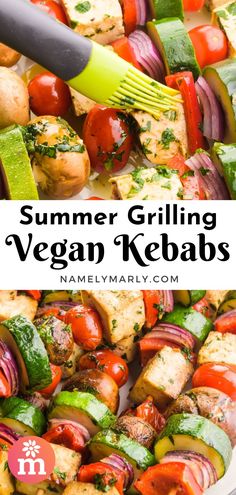 a plate full of grilled vegetables with the title text overlay reads summer grilling vegan kebabs