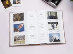 an open photo book with photos on it and a polaroid camera next to it