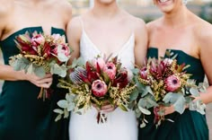 three bridesmaids in green dresses holding bouquets