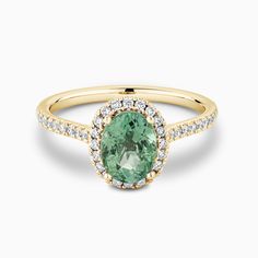 Ecksand's Diamond Halo Engagement Ring with Green Tourmaline in 18k Yellow Gold Light Green Engagement Ring, Green Diamond Engagement Ring, Printable Ring Size Chart, Green Engagement Rings, Ethical Diamonds, Diamond Halo Engagement Ring, Types Of Diamonds, Gemstone Engagement, Green Diamond