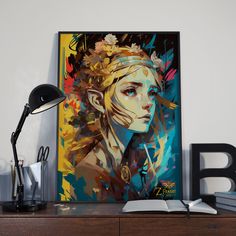 a painting on the wall above a desk with a book and lamp next to it