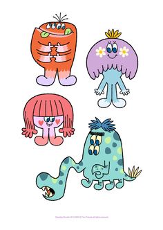 three cartoon monsters with different colors and sizes, one is pink, the other is blue