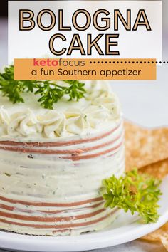 A small cake made out of sliced bologna and cream cheese frosting topped with parsley. Bologna Cake Recipe, Keto Focus, Savoury Slice, Keto Holiday Recipes, Keto Holiday