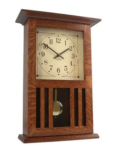 a wooden clock with roman numerals on the front and sides, sitting against a white background