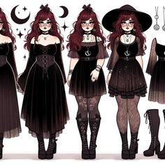 Updo Drawing Reference, Witch Clothes Drawing Reference, Types Of Alternative Styles, Goth Witch Character Design, Witchy Character Design, Witch Clothes Drawing, Witch Dress Drawing, Witch Vibes Outfit