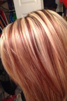 Blonde Red Carmel Highlights, Hair Color Ideas Red And Blonde, Blonde Highlights With Red Lowlights, Red Highlights In Blonde Hair, Blonde With Red Lowlights Hair, Blonde Hair Red Lowlights, Red Lowlights, Red And Blonde Hair, Blonde With Red Highlights