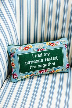 Shipping Only - Ships direct from Vendor Just be patient, patience absolutely pays off, trust me. Make a statement with this charming-meets-chic needlepoint pillow. Embroidered and backed in luxe dark green velvet, we've revived this Southern staple with sayings that are sure to get a smile. They are guaranteed to spark joy and make the perfect gift!Measures 9" x 15" - Small pillow, big statement! Furbish Studio, Dark Green Velvet, Stitch Pillow, Deco Studio, Needlepoint Pillow, Wool Throw Pillows, Needlepoint Pillows, Be Patient, Wool Throw