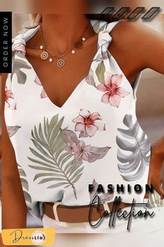 Women's Tank Tops Printed V-neck Knotted Sleeveless Tank Top Summer V-neck Tank Top For Day Out, Chic V-neck Tank Top For Vacation, Summer V-neck Tank Top For Vacation, White V-neck Camisole For Vacation, Chic Halter Neck Summer Vest, Chic Halter Neck Vest For Summer, Chic Floral Print V-neck Tank Top, V-neck Floral Print Tank Top For Beach, Summer Vacation V-neck Tank Top