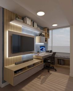 #bedroomdecorideas Desk Under Tv Bedroom, Office And Tv Room Combo, Tv And Computer Desk Combo, Desk Setup Living Room, Desk With Tv, Home Office Tv Room Combo, Living Room Combo Ideas, Office Living Room Combo, Small Office Layout