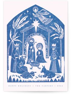 a blue and white christmas card with the nativity scene