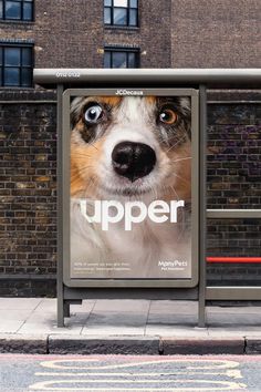 an advertisement on the side of a building with a dog's face