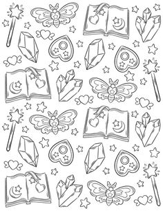 an open book with many different things on it, including stars and hearts in the background