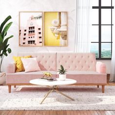 a living room scene with focus on the couch and coffee table