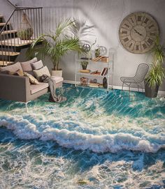 a living room with blue and green waves on the floor