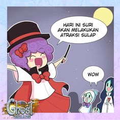 a cartoon girl with purple hair wearing a top hat and holding a wand in her hand