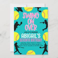 Softball Birthday Invite Swing on Over for a Birthday Party! Softball Birthday Party Ideas, Softball Themed Birthday Party, Bday Themes