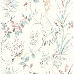 a wallpaper with birds and flowers on it's side, in pastel colors