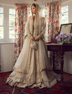 Premium Embellished Double Layered Traditional Pishwas Frock and Dupatta in Ivory Color