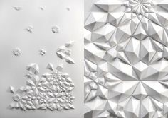 two pictures with different shapes and sizes on the wall, one is made out of folded paper