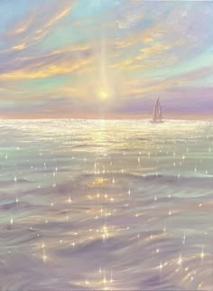 a painting of a sailboat in the ocean at sunset with stars on the water