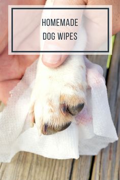 a person holding a dog's paw on top of a towel with the words homemade dog wipes