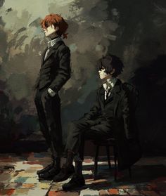 two people sitting on chairs in front of an artistic painting, one with red hair and the other without