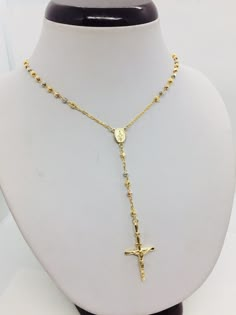 "14K Solid Tricolor Gold (Yellow gold, White gold and Rose Gold) rosary necklace Choice of length: 16\", 18\" &  24\"  This rosary is made with solid 14k  gold. The available lengths are 16\" , 18\", 20\" and 24\". The approximate weight of the necklace for the 24\" is 8.3 grams. The beads are tricolor and moon cut and are 3mm in thickness. It has a crucifix and a Virgin Mary. Can be worn by men and women alike! THE PICTURE DOESNOT JUSTIFY THE LOOK AND SHINE OF THIS NECKLACE. The rosary is marke Gold Rosary Necklace, Vintage Gold Watch, Moon Cut, The Rosary, Gold Moon, Jewelry Outfit