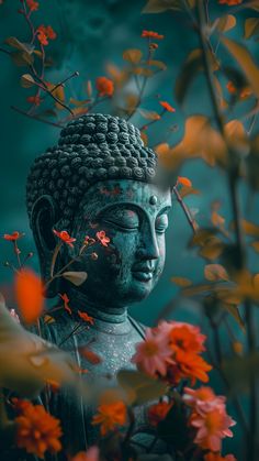 a buddha statue surrounded by red flowers and greenery in front of a dark blue background