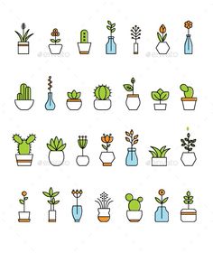 potted plants and flowers icons set - decorative objects objects