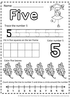 a printable worksheet for numbers five and five, with leaves on it