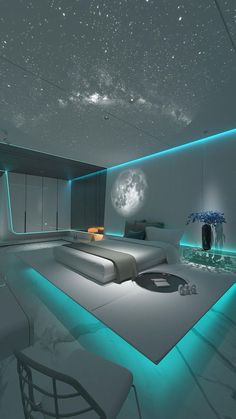 this is a futuristic bedroom with blue lighting