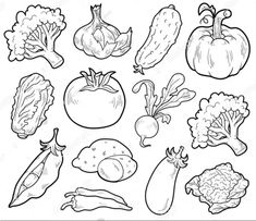 black and white vegetables cliparts set for coloring pages or books, including tomatoes, broccoli, cauliflower, zucchini