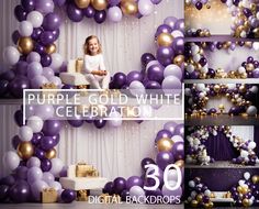 purple and gold balloons are the backdrop for this birthday party photobooting set up