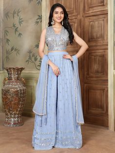 Victoria Plazzo Suit - Roop Darshan Plazzo Set, Sharara With Crop Top And Dupatta, Crop Top With Palazzo Pants, Circular Plazo, Plazo With Blouse, Plazo Top Designs, Plazo Blouse Dress, Umbrella Plazo With Crop Top, Crop Top With Plazo Indian