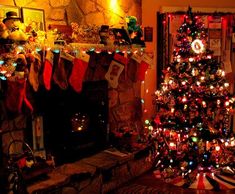 a decorated christmas tree sitting in front of a fire place with stockings hanging from it