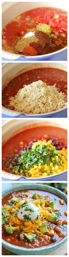 four different pictures showing the process of making mexican soup with beans, rice and tortilla shells