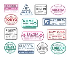 various travel stamps with the names of cities and airports in different colors on a white background