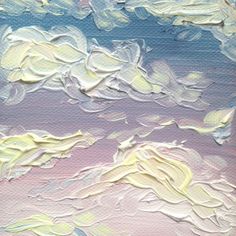 an abstract painting with white clouds and blue sky