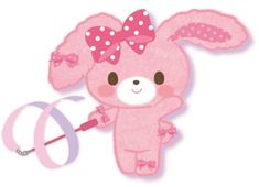 a pink stuffed animal with a bow on it's head holding an o - ring