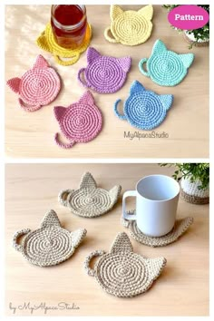 crocheted coasters and cups are shown on the table