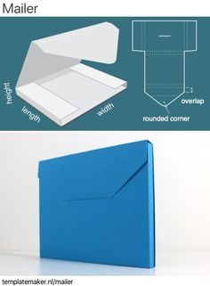 an open blue envelope with measurements for the inside and outside, on a white background