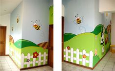 two pictures of the inside of a child's room, one with a fence and bees on it