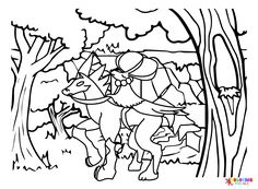 a coloring page with a horse in the woods