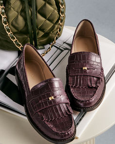 Our exotically embossed loafers flatter - every step of the way. Round toe. Padded footbed for complete comfort. 1/2" heel. Our exotically embossed loafers flatter - every step of the way. Round toe. Padded footbed for complete comfort. 1/2" heel. Rich Cranberry by Ann Taylor. Stylish Pants, Comfortable Tops, Weekend Outfit, Trendy Accessories, The Way, Loafers