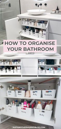 an organized bathroom with white bins and drawers on the bottom shelf, in front of a sink