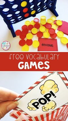 a popcorn box with the words free vocably games on it and an image of a